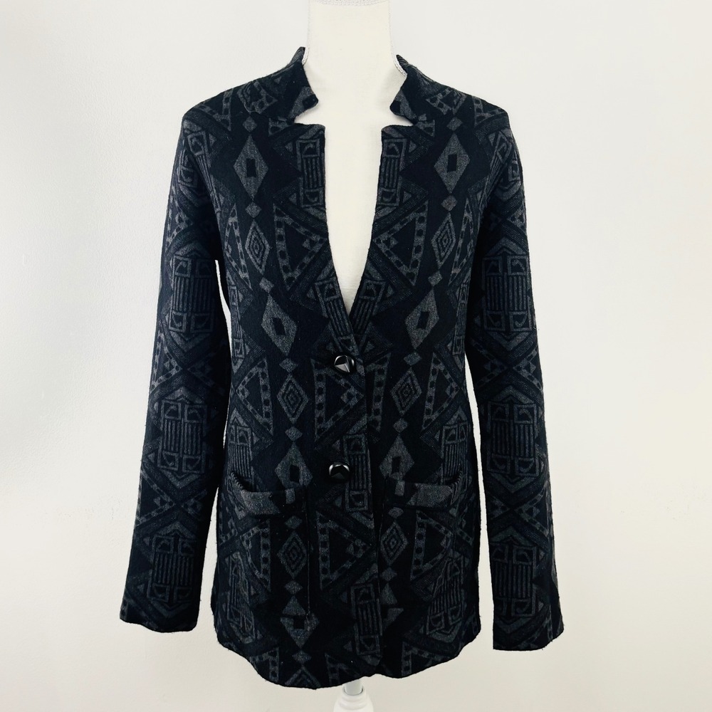 Damask Merino Wool Blend Geometric Tribal Knit Cardigan Blazer Gray Black Size M